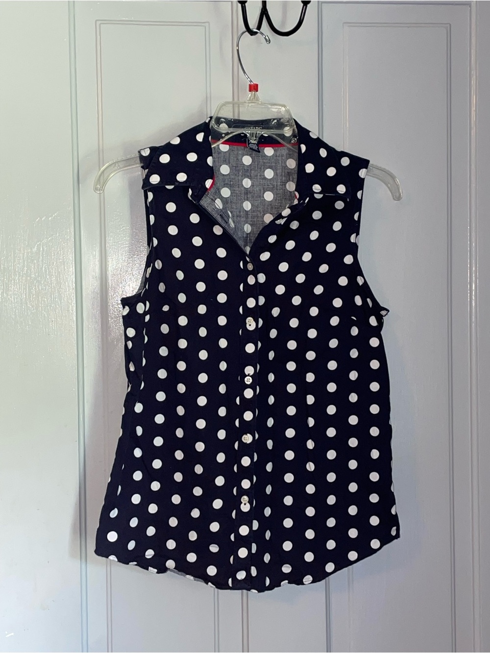 Chaps Navy and White Polka Dot Sleeveless Button-Up Blouse